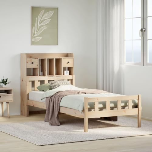Qnhdfrt Massivholzbett mit Bücherregal und Lattenrost 100x200 cm Kiefer Holz Bettgestell mit Stauraum und Schubladen für Schlafzimmer Gästebett oder Jugendzimmer von Qnhdfrt