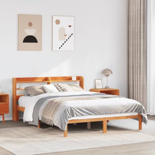 Qnhdfrt Massivholzbett mit Kopfteil und Stauraum 140x190 cm aus Kiefernholz Robustes Bettgestell mit Lattenrost und Regalböden für Schlafzimmer Gästebett oder Jugendzimmer von Qnhdfrt