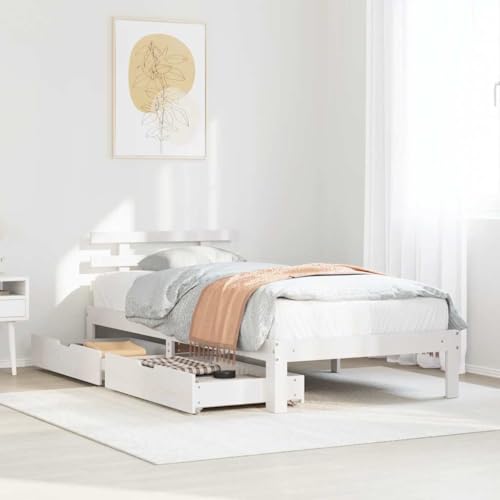 Qnhdfrt Massivholzbett mit Schubladen Weiß 90x190 cm Kiefer Robustes Bettgestell mit Lattenrost und Kopfteil Praktischer Stauraum für Schlafzimmer Gästebett oder Jugendbett von Qnhdfrt