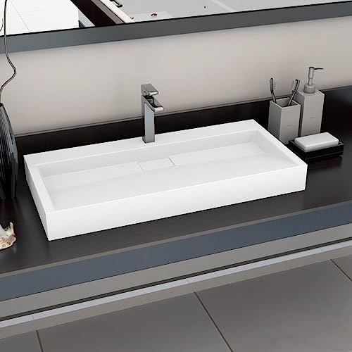 Qnhdfrt Mineralguss Waschbecken Weiß 100 x 46 x 11 cm Modernes Aufsatzwaschbecken für Badezimmer Gäste WC und Camping mit Hahnloch von Qnhdfrt