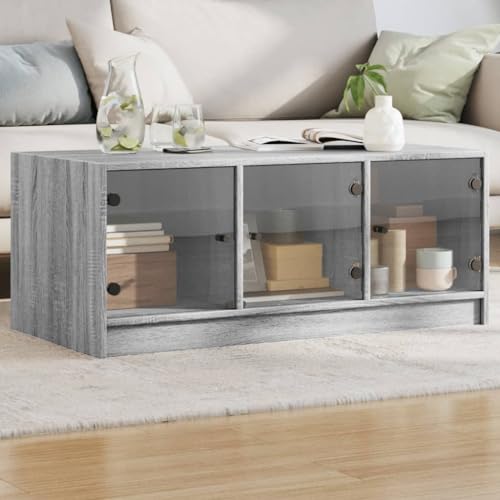 Qnhdfrt Moderner Couchtisch mit Glastüren Grau Sonoma 102x50x42 cm Langlebiger Beistelltisch mit Verstärktem Stauraum für Wohnzimmer Sofa Bereich von Qnhdfrt