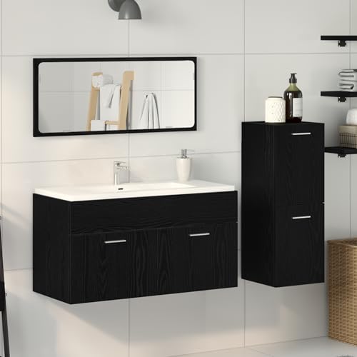 Qnhdfrt Modernes 3-TLG. Badmöbel-Set Schwarz Eiche Rechteckig MDF Matt für Badezimmer mit Waschbeckenunterschrank und Spiegel Robustes Design Qnhdfrt Modernes 3-TLG. Badmöbel-Set Schwarz Eiche Rechteckig MDF Matt für Badezimmer mit Waschbeckenunterschrank und Spiegel Robustes Design von Qnhdfrt