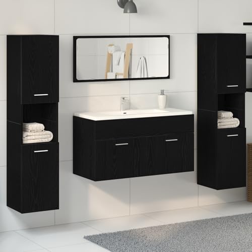 Qnhdfrt Modernes Badezimmermöbel-Set 4-TLG Schwarz Eiche Matt Holzwerkstoff mit Spiegel für Badezimmer Aufbewahrung Qnhdfrt Modernes Badezimmermöbel-Set 4-TLG Schwarz Eiche Matt Holzwerkstoff mit Spiegel für Badezimmer Aufbewahrung von Qnhdfrt
