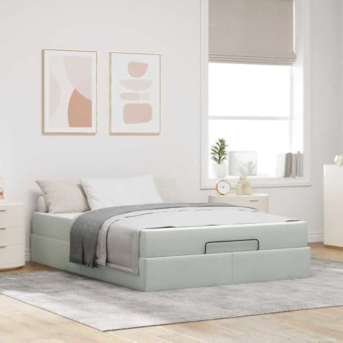 Qnhdfrt Modernes Bettgestell mit Stauraum 140 x 200 cm in Hellgrau Samt Inklusive Matratze und Schublade Robuste Holzwerkstoffe Minimalistisches Design für Schlafzimmer und Gästezimmer von Qnhdfrt