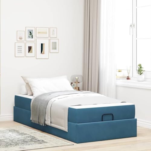 Qnhdfrt Modernes Bettgestell mit Stauraum in Blau 100 x 200 cm Samtstoff Bezug Inklusive Matratze und Schublade für Kleine Räume und Moderne Schlafzimmer von Qnhdfrt