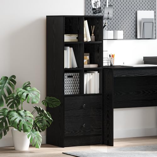 Qnhdfrt Modernes Schwarzes Eichen Sideboard mit Schubladen für Wohnzimmer und Esszimmer | Sechs offene Regale, Mattes Finish, Holzwerkstoff, Rechteckig von Qnhdfrt