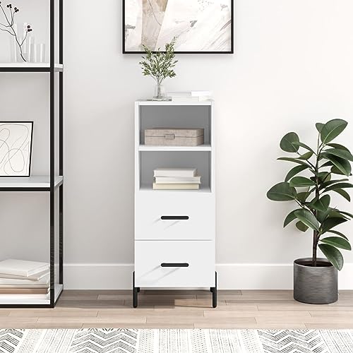 Qnhdfrt Modernes Sideboard Weiß Holzwerkstoff mit Metallbeinen 34,5x34x90 cm für Wohnzimmer Küche Flur mit 2 Schubladen 2 Fächern Stauraum Möbel von Qnhdfrt