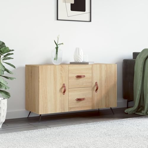 Qnhdfrt Modernes Sideboard im Landhausstil aus Holzwerkstoff & Metall, Sonoma-Eiche, 100x36x60 cm, Stauraum mit Türen & Schubladen, Robust & Stabil für Wohnzimmer, Küche, Flur von Qnhdfrt