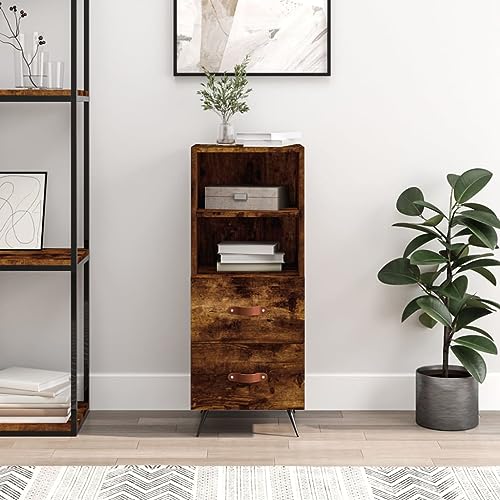 Qnhdfrt Modernes Sideboard in Räuchereiche Holzwerkstoff mit Metallbeinen 34,5x34x90 cm 2 Schubladen 2 Fächer Stabiles Design für Wohnzimmer Küche Flur von Qnhdfrt