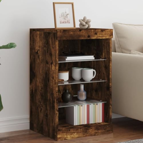 Qnhdfrt Modernes Sideboard mit LED-Beleuchtung in Räuchereiche 41x37x67 cm aus Holzwerkstoff und Glas mit viel Stauraum und RGB-Farbwechsel für Wohnzimmer Flur Esszimmer von Qnhdfrt