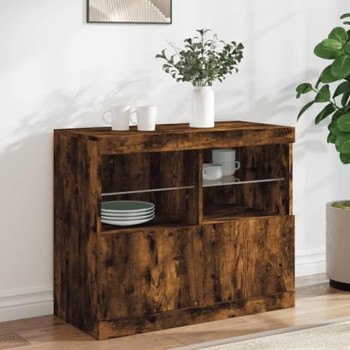 Qnhdfrt Modernes Sideboard mit RGB LED Beleuchtung Räuchereiche Holzwerkstoff Glas 81x37x67 cm für Wohnzimmer Küche Flur Büro Qnhdfrt Modernes Sideboard mit RGB LED Beleuchtung Räuchereiche Holzwerkstoff Glas 81x37x67 cm für Wohnzimmer Küche Flur Büro von Qnhdfrt