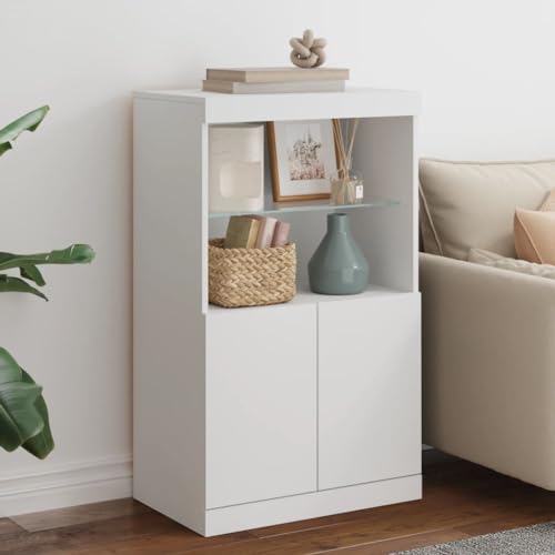 Qnhdfrt Modernes Sideboard mit RGB LED-Beleuchtung Weiß 60,5x37x100 cm aus Holzwerkstoff und Glas für Wohnzimmer Küche Flur als Stauraum Lösung von Qnhdfrt