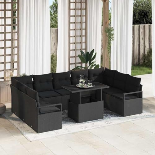 Qnhdfrt Modulares Garten-Sofa-Set Schwarz aus Poly-Rattan mit Schutzhülle, Wetterbeständig und Platz für 6 Personen, für Balkon und Terrasse von Qnhdfrt