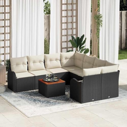 Qnhdfrt Modulares Gartensofa Set 4 Teile Schwarz Creme Outdoor Rattan mit Akazienholz Couchtisch für Garten Terrasse Balkon von Qnhdfrt
