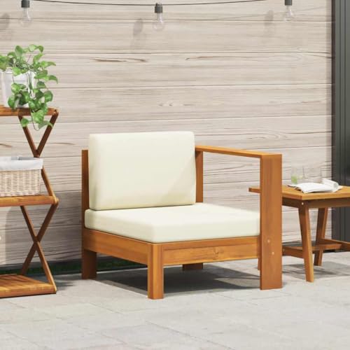 Qnhdfrt Modulares Sofa-Mittelteil aus massivem Akazienholz mit cremeweißen Kissen, Outdoor-Gartensofa mit Armlehne und dickem Polster für Balkon, Garten und Terrasse von Qnhdfrt