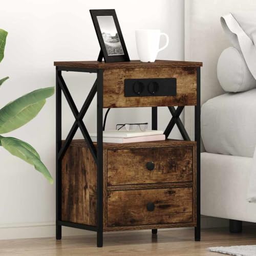 Qnhdfrt Nachttisch 2er Set Räuchereiche 40x31x60 cm Modernes Schlafzimmer Sideboard aus Holzwerkstoff mit Stahlgestell Stauraum Regal kompakt für Schlafzimmer Wohnzimmer Flur von Qnhdfrt