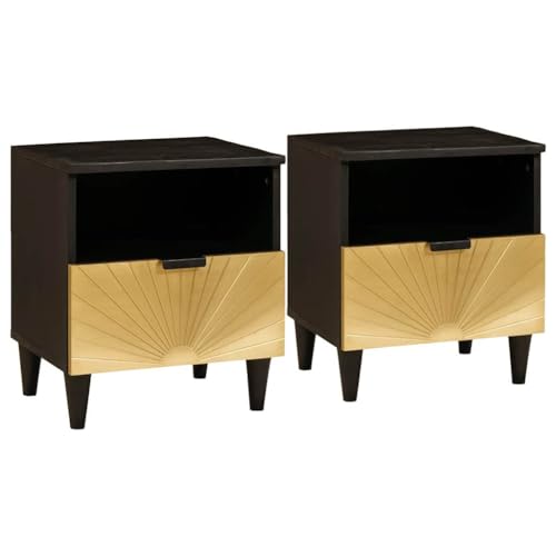Qnhdfrt Nachttisch 2er Set Schwarz Gold 40x33x46 cm aus massivem Mangoholz Modernes Design mit Stauraum Schublade Kommode für Schlafzimmer Wohnzimmer von Qnhdfrt