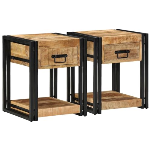 Qnhdfrt Nachttisch 2er Set aus rauem Massivholz Mango und Eisen 40x40x50 cm mit Schublade und Fach - Schmaler Beistelltisch für Schlafzimmer, Elegantes Design und Robuste Konstruktion von Qnhdfrt