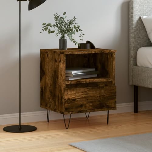 Qnhdfrt Nachttisch Beistelltisch Räuchereiche 40x35x50 cm mit Schublade und Fach Holzwerkstoff Metall Elegantes Design für Schlafzimmer von Qnhdfrt