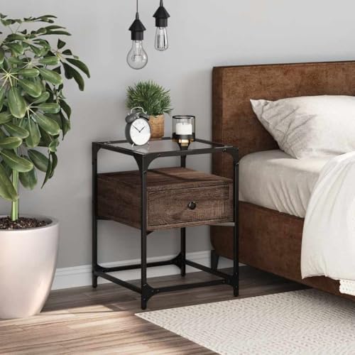 Qnhdfrt Nachttisch Braun Eichen-Optik 40x40x55 cm mit Glasplatte und Ablage - Schmaler Kleiner Nachttisch aus Holzwerkstoff für Schlafzimmer und Wohnzimmer von Qnhdfrt