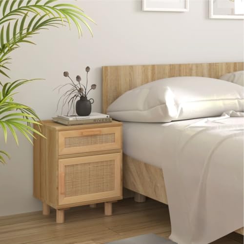 Qnhdfrt Nachttisch Braun aus Massivholz Kiefer und Natur-Rattan mit Schublade und Fach 40x30x50cm für Schlafzimmer Skandinavisches Design Kompakter Stauraum von Qnhdfrt