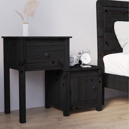 Qnhdfrt Nachttisch Schwarz Massivholz Kiefer 79,5x38x65,5 cm mit Schublade und Tür Stauraum Schlafzimmer Beistelltisch Modernes Design von Qnhdfrt