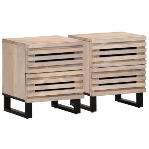 Qnhdfrt Nachttisch Set 2 Stück Schmal Kleiner Nachttisch mit 2 Schubladen 40x34x46 cm Gebleichtes Massivholz Mango für Schlafzimmer von Qnhdfrt