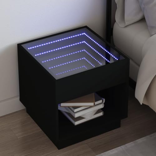 Qnhdfrt Nachttisch mit Infinity LED Beleuchtung Schwarz 50x50x50 cm - Moderner Beistelltisch aus Holzwerkstoff und Glas für Schlafzimmer mit RGB Licht und USB Anschluss von Qnhdfrt