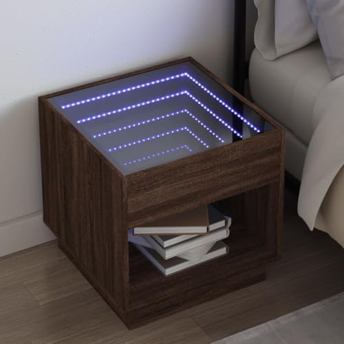 Qnhdfrt Nachttisch mit Infinity-LED Braun Eichen-Optik 50x50x50 cm RGB-Beleuchtung stabile Ablagefläche für Schlafzimmer von Qnhdfrt