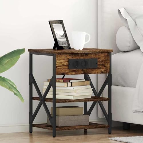 Qnhdfrt Nachttisch mit Ladestation 2er Set Räuchereiche Holzwerkstoff 41x31x51 cm Modernes Schlafzimmer Sideboard mit 6 Regalen und Steckdose für kleine Räume von Qnhdfrt