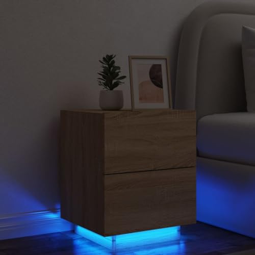 Qnhdfrt Nachttisch mit RGB-LED Beleuchtung Sonoma Eiche Holzwerkstoff Kleiner Beistellschrank mit 2 Schubladen 45x40x55cm für Schlafzimmer Modernes Design von Qnhdfrt