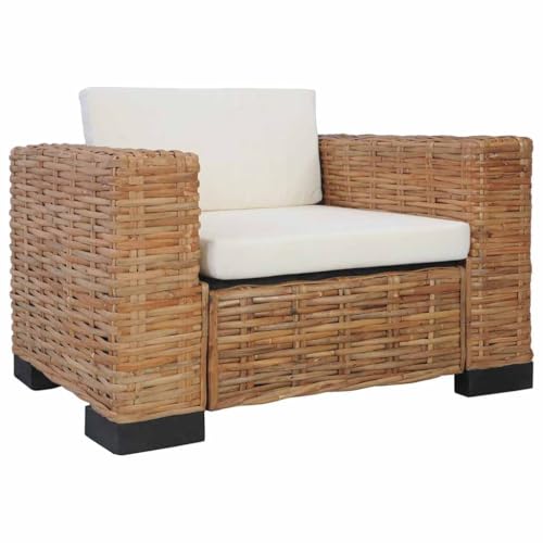 Qnhdfrt Natürlicher Rattan Sessel mit Waschbaren Kissen Braun Cremeweiß – Bequemer Loungesessel für Wohnzimmer Schlafzimmer oder als Lesesessel mit Stabilem Design von Qnhdfrt