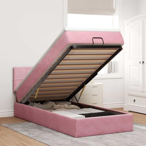 Qnhdfrt Ottoman Bettgestell 100x200 cm Rosa Samt mit Taschenfederkern Matratze Stauraum Hebemechanismus LED Beleuchtung Modernes Jugend & Gästebett für kleine Schlafzimmer von Qnhdfrt