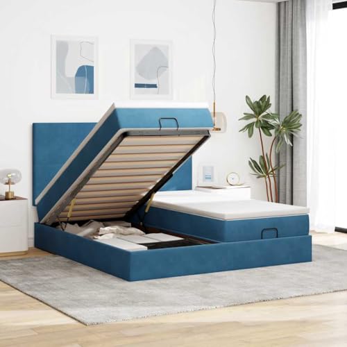 Qnhdfrt Ottomanbett Samt Dunkelblau 200x200 mit Taschenfederkernmatratzen LED Ambiente hydraulischem Stauraum Kopfteil Doppelbett for Schlaf und Gästezimmer von Qnhdfrt