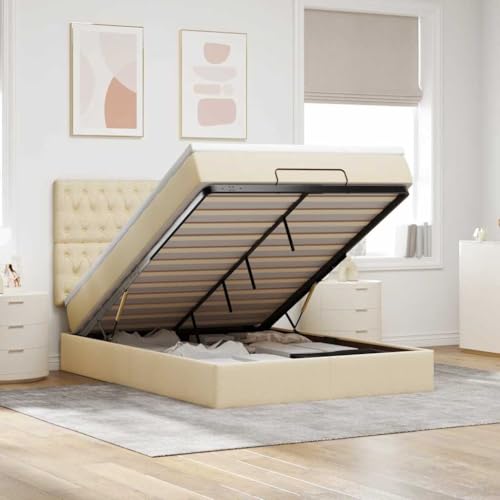 Qnhdfrt Ottomanbett mit Matratze 140x200 cm Creme Stoff Bettgestell mit Stauraum LED Beleuchtung und Taschenfederkernmatratze für Schlafzimmer und Gästezimmer von Qnhdfrt