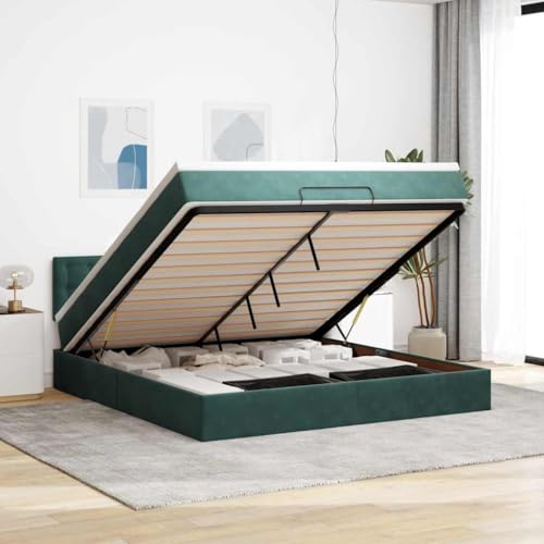 Qnhdfrt Ottomanbett mit Matratze 160x200 cm Dunkelgrün Samt Stoff Taschenfederkern Matratze Hydraulischer Stauraum LED Beleuchtung für Schlafzimmer und Gästezimmer von Qnhdfrt