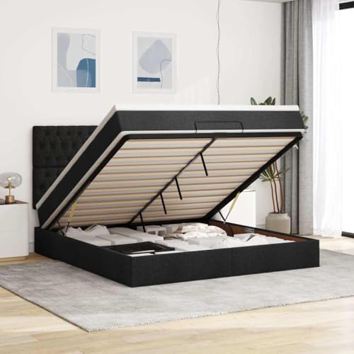 Qnhdfrt Ottomanbett mit Matratze 160x200 cm Schwarz Stoff Bettgestell mit Stauraum LED Beleuchtung und Taschenfederkernmatratze für Schlafzimmer und Gästezimmer von Qnhdfrt