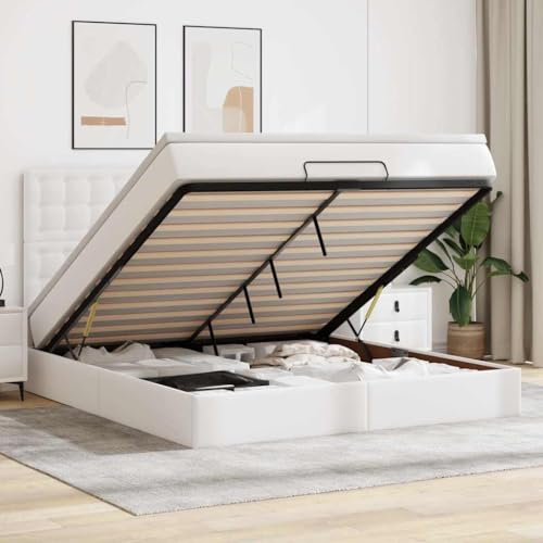 Qnhdfrt Ottomanbett mit Matratze 160x200 cm Weiß Kunstleder Hydraulik Stauraumbett LED Beleuchtung für Schlafzimmer von Qnhdfrt