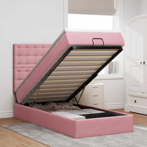 Qnhdfrt Ottomanbett mit Matratze 90x200 cm Rosa Samt Bettgestell mit LED Beleuchtung Taschenfederkernmatratze und Hydraulik Stauraum für Schlafzimmer von Qnhdfrt