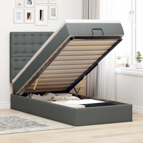 Qnhdfrt Ottomanbett mit Matratze Dunkelgrau 100x200 cm Stoff Bettgestell mit Stauraum und Taschenfederkernmatratze für erholsamen Schlaf von Qnhdfrt