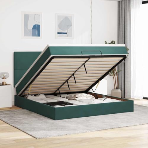 Qnhdfrt Ottomanbett mit Matratzen 160x200 cm Dunkelgrün Samt Stoff Taschenfederkern Matratze Hydraulischer Stauraum LED Beleuchtung für Schlafzimmer Gästebett Doppelbett von Qnhdfrt