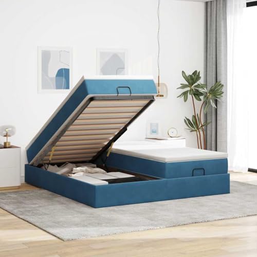 Qnhdfrt Ottomanbett mit Matratzen 200x200 cm Dunkelblau Samt Stoff Taschenfederkern Hydraulik Stauraum für Schlafzimmer von Qnhdfrt