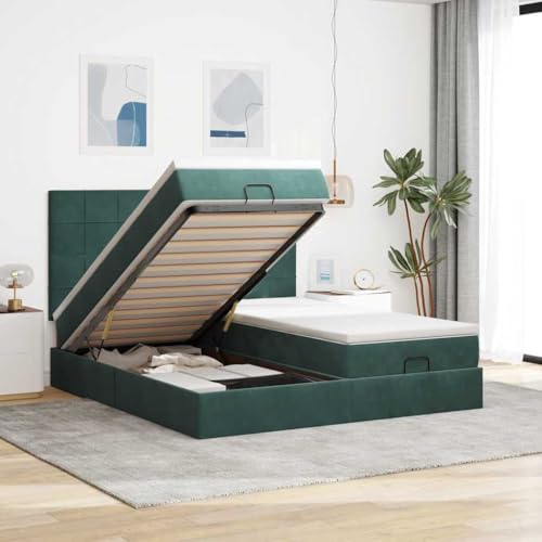 Qnhdfrt Ottomanbett mit Matratzen Dunkelgrün 180x200 cm Samtstoff Bettgestell mit Kopfteil und hydraulischem Stauraum für erholsamen Schlaf von Qnhdfrt