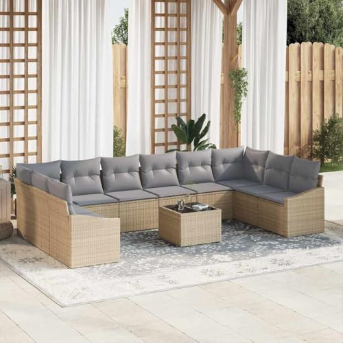 Qnhdfrt Outdoor Ecksofa Set 11 teilig Beige Grau Poly Rattan Gartenmöbel Lounge Set mit Kissen für Balkon Terrasse Garten von Qnhdfrt