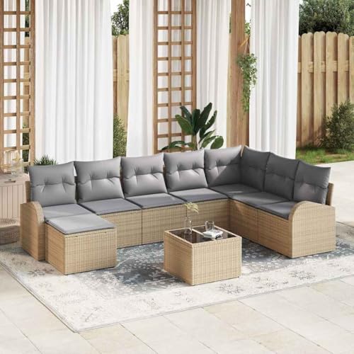 Qnhdfrt Outdoor Ecksofa Set 9 teilig aus Poly Rattan Beige mit Grauen Kissen für Garten Terrasse Balkon Modernes Design von Qnhdfrt