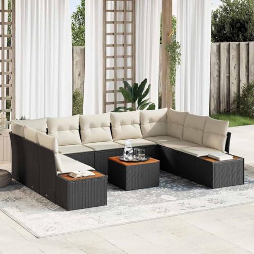 Qnhdfrt Outdoor Ecksofa Set mit Tisch 6 Sitzer in Schwarz Modernes Design aus Synthetischem Poly Rattan mit Cremefarbenen Kissen Wetterfeste Gartenmöbel für Terrasse und Garten von Qnhdfrt