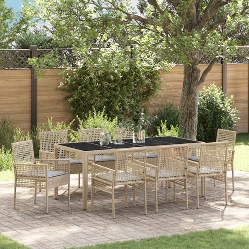 Qnhdfrt Outdoor Gartentischgruppe mit Glasplatte und Kissen Beige Poly Rattan Gartenmöbel Set für 8 Personen Rechteckig Modernes Design Robust Terrasse Balkon Veranda von Qnhdfrt