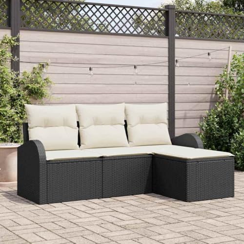 Qnhdfrt Outdoor Sofa Set 4 teilig aus Poly Rattan Schwarz Beige Wetterfest mit Kissen Modular für Garten Terrasse und Balkon von Qnhdfrt