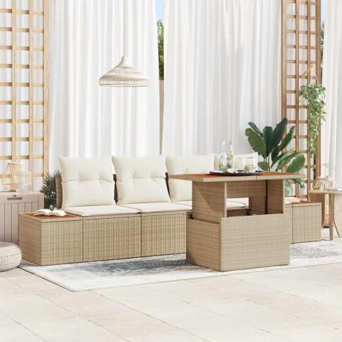 Qnhdfrt Outdoor Sofaset 4 Teiler Beige Poly Rattan Gartenmöbel Set mit Kissen und Tisch Modulares Design für Terrasse Balkon Garten von Qnhdfrt