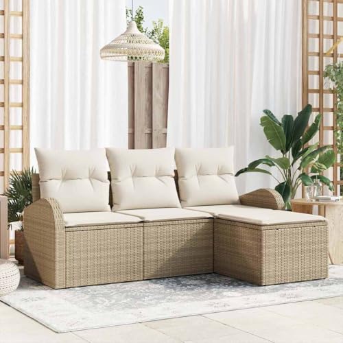 Qnhdfrt Outdoor Wohnlandschaft Sofa Set 4 teilig Beige Poly Rattan Gartenmöbel Lounge Set mit Kissen für Balkon Terrasse und Garten von Qnhdfrt